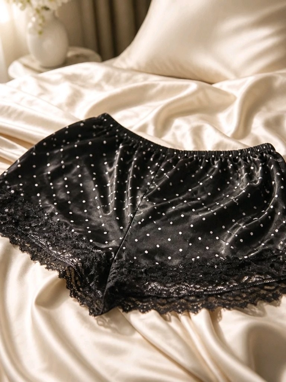 Zoe + Liv Black Satin Polka Dot Lace-Trim Sleep Shorts